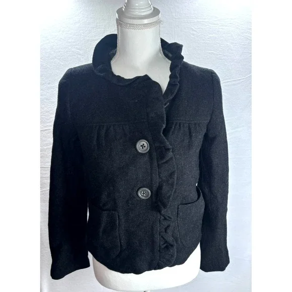 J CREW Jacket 100% Wool Ruffles‎ Preppy Black Academia Womens Sz 0 XS/Small - Picture 3 of 11